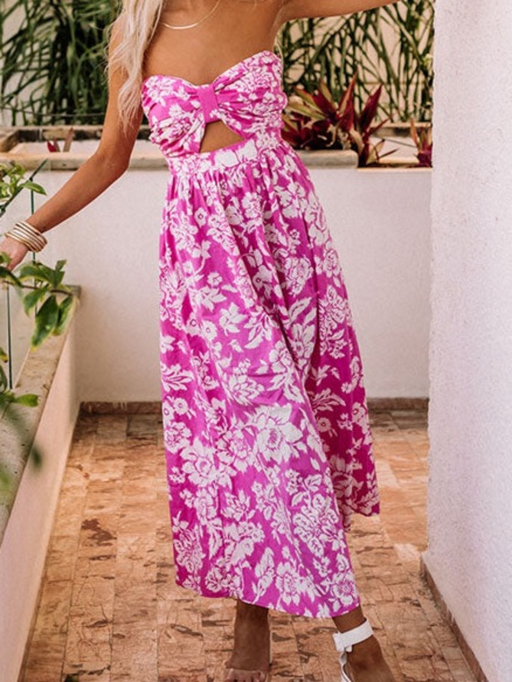 Aakaa Pink & White Floral Strapless Cutout Jumpsuit - Picture 2 of 8